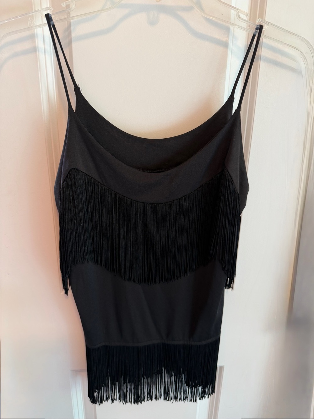 Black Fringe Slip Chemise with Spaghetti Straps by Ralph Montenero